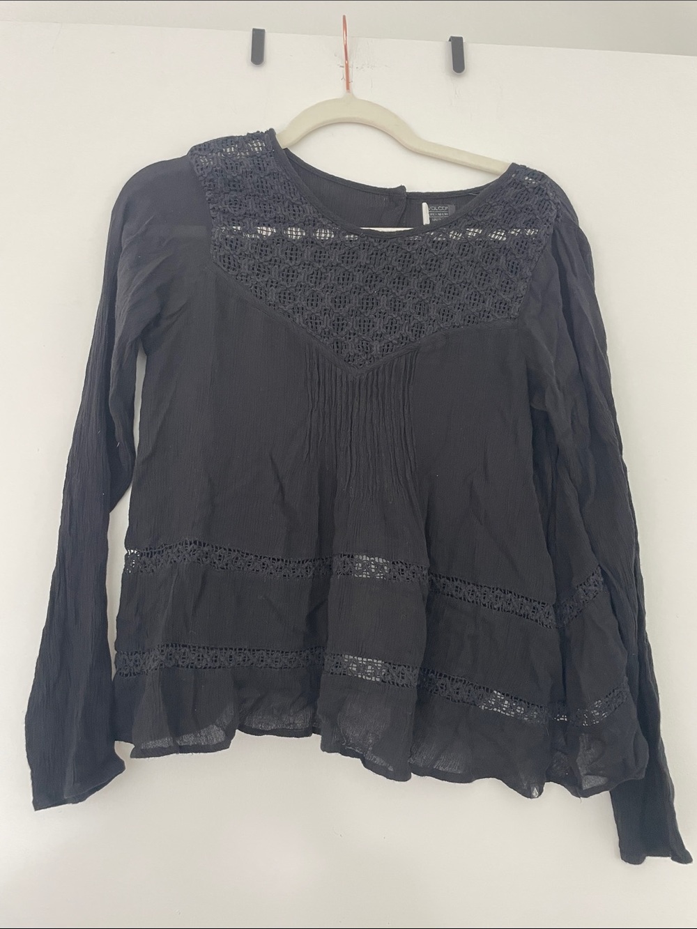 Volcom Black Crochet Yoke Long-Sleeve Top